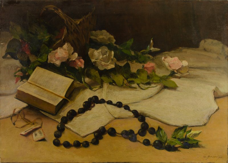 1956 - Natura morta con libro, rosario, cesto e fiori 